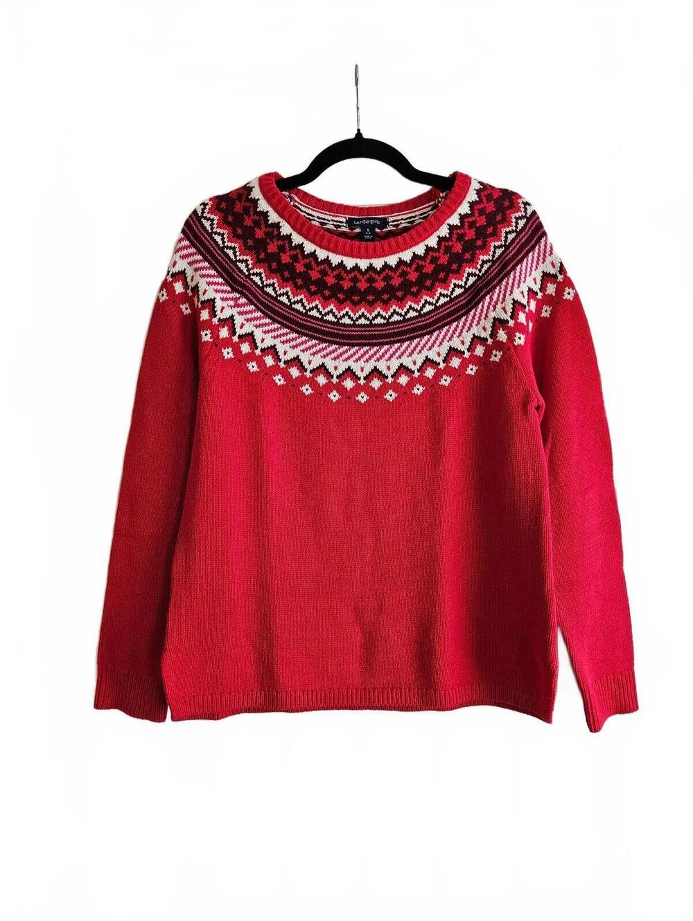 Lands' End Red Crewneck Fair Isle Yoke Patterned Sweater-Small(6-8)-Fall Staple!